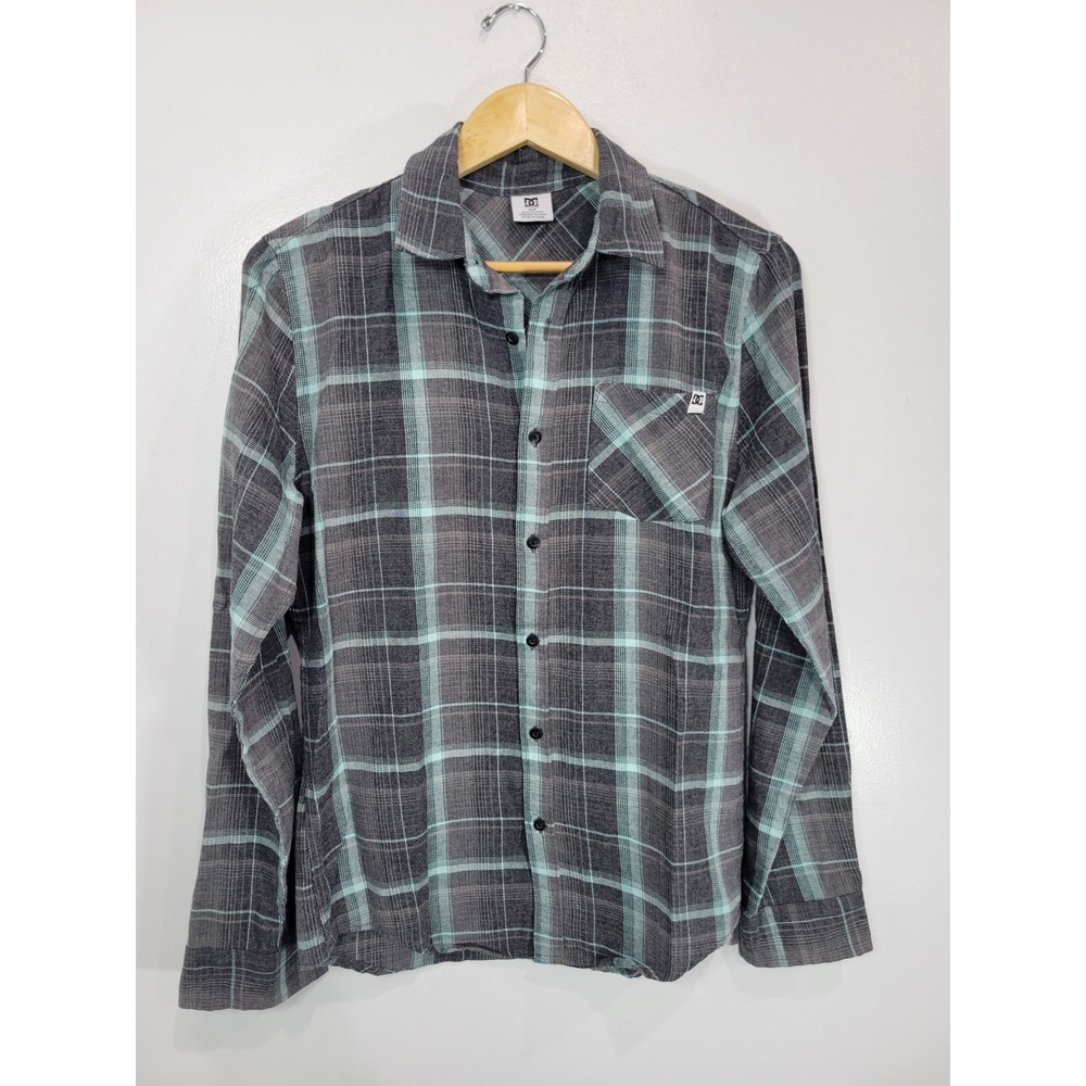 DC Shoes Mens Plaid Long Sleeve Button Up Shirt Grey Aqua Size‎ S P